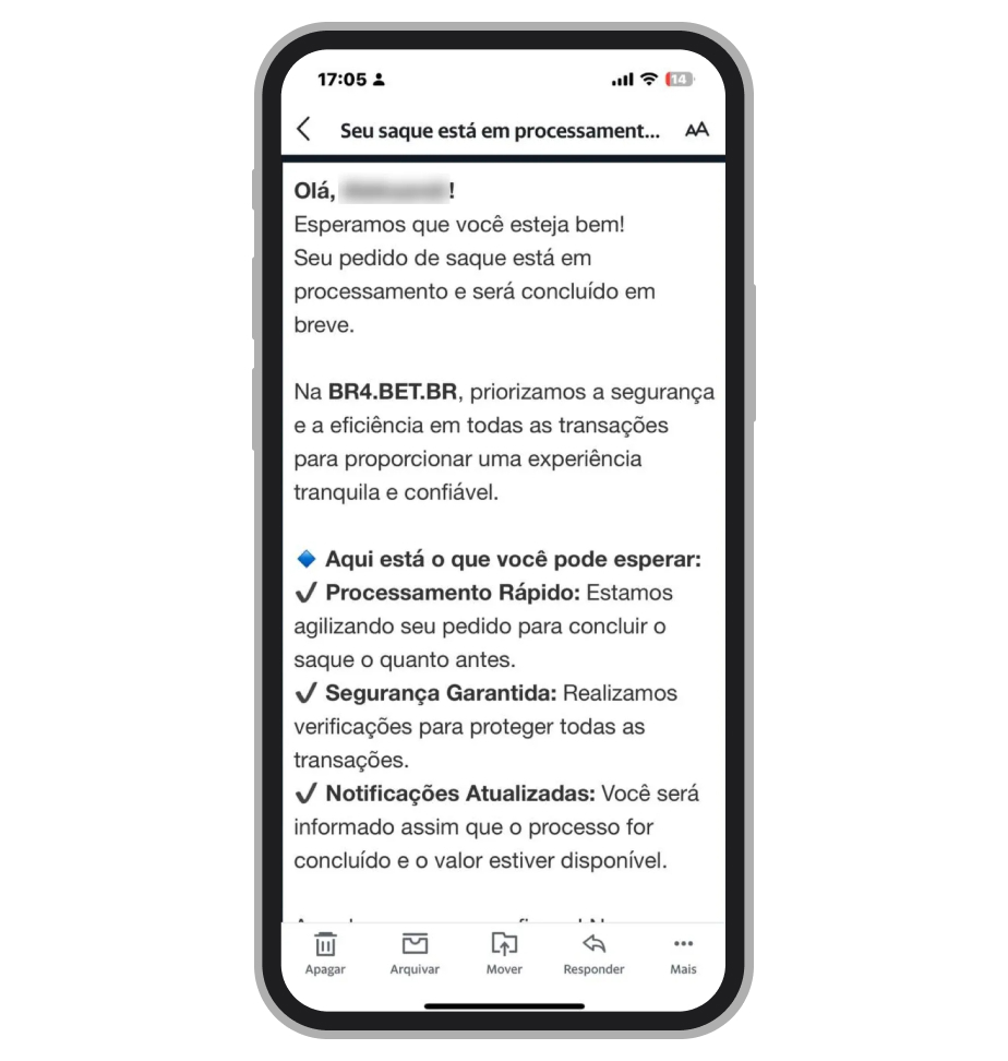 A carta que recebe apostador após pedir saque na Br4Bet