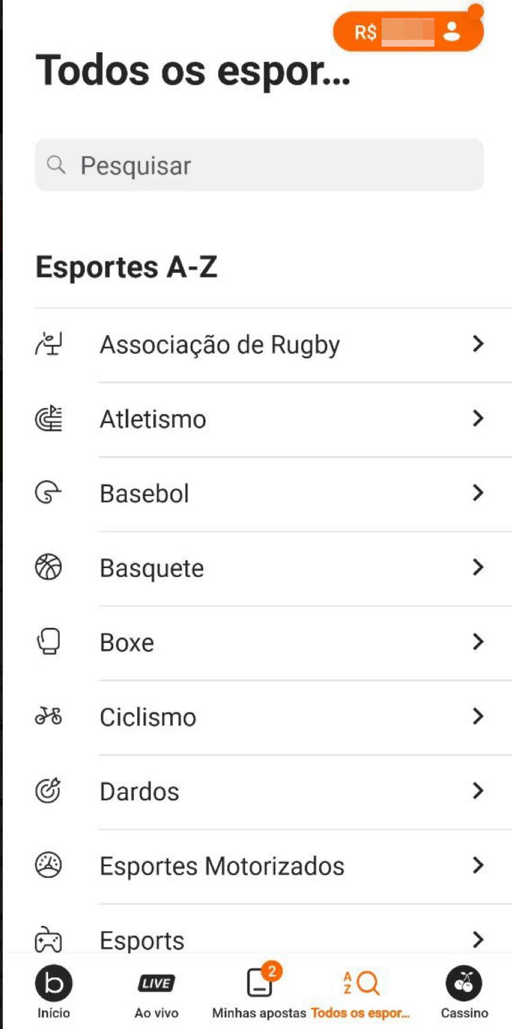 A lista de modalidades esportivas disponíveis no aplicativo