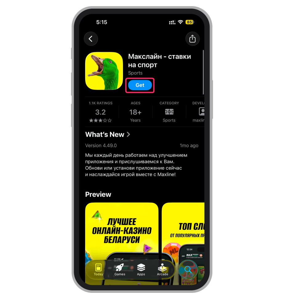 Страница приложения Maxline