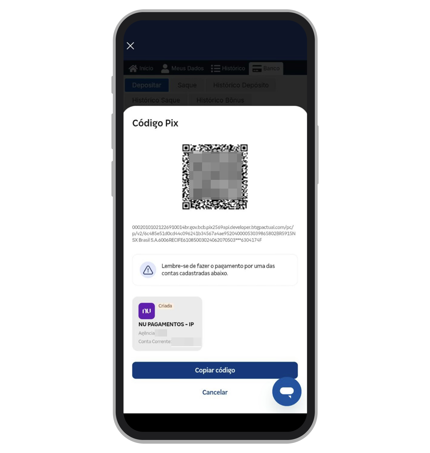 Pode proceder com o pagamento via Pix com o seu app bancário  