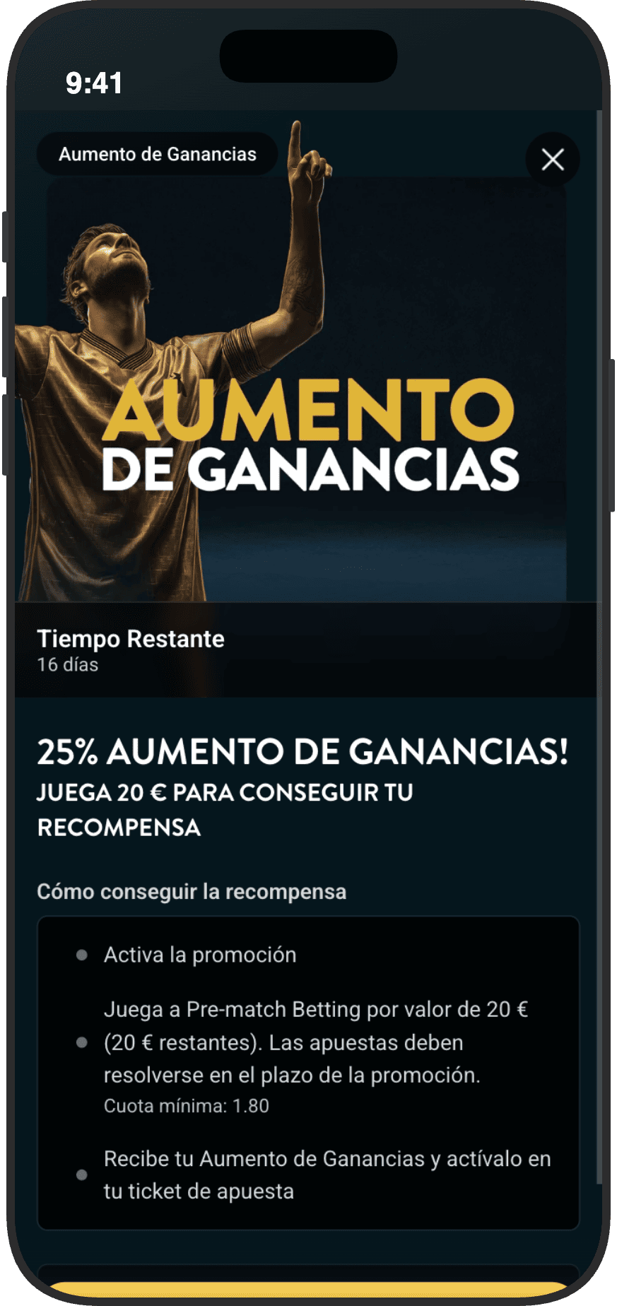 Promoción de aumento de ganancias del 25% en Golden Bull: apuesta 20€ en prematch con cuota mínima 1.80 y activa el profit boost en tu ticket