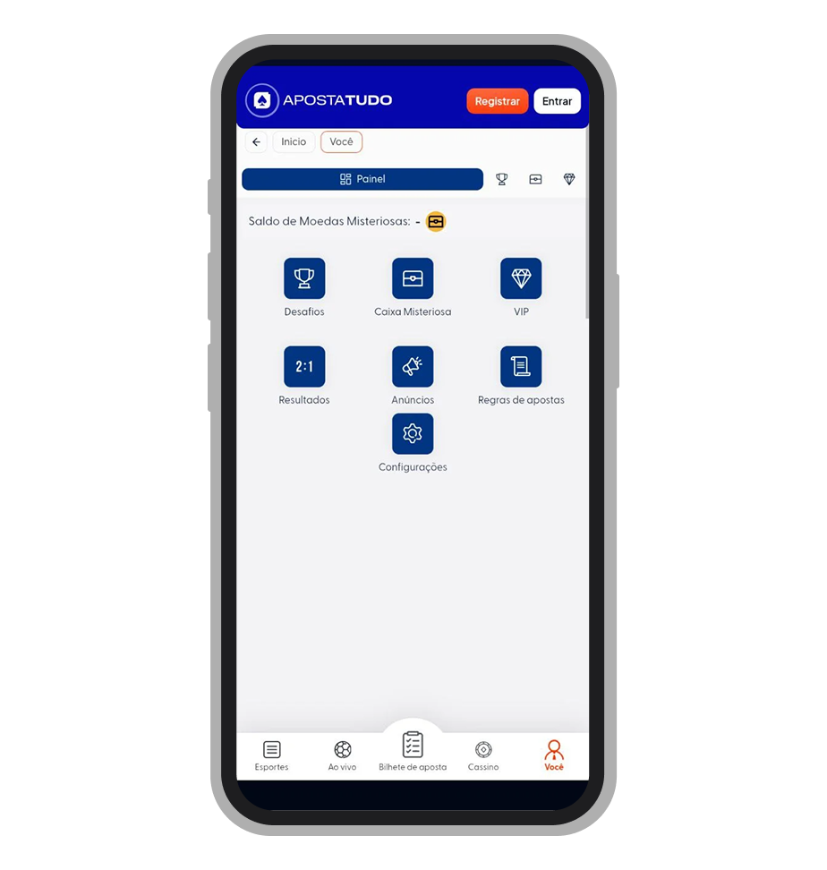 Painel do usuário no app Apostatudo com acesso a desafios, caixa misteriosa, programa VIP e resultados