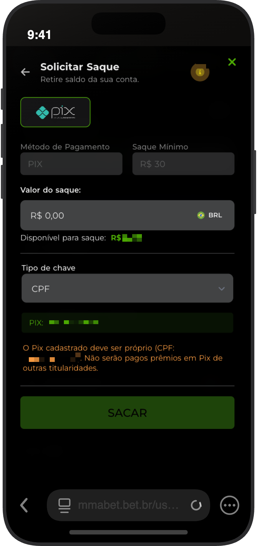 Tela de saque via Pix no cassino MMABet com saldo disponível