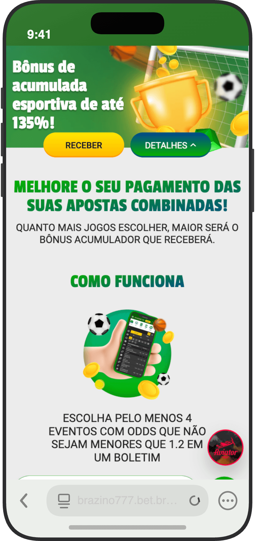 Detalhes do bônus acumulador esportivo de até 135% da Brazino777