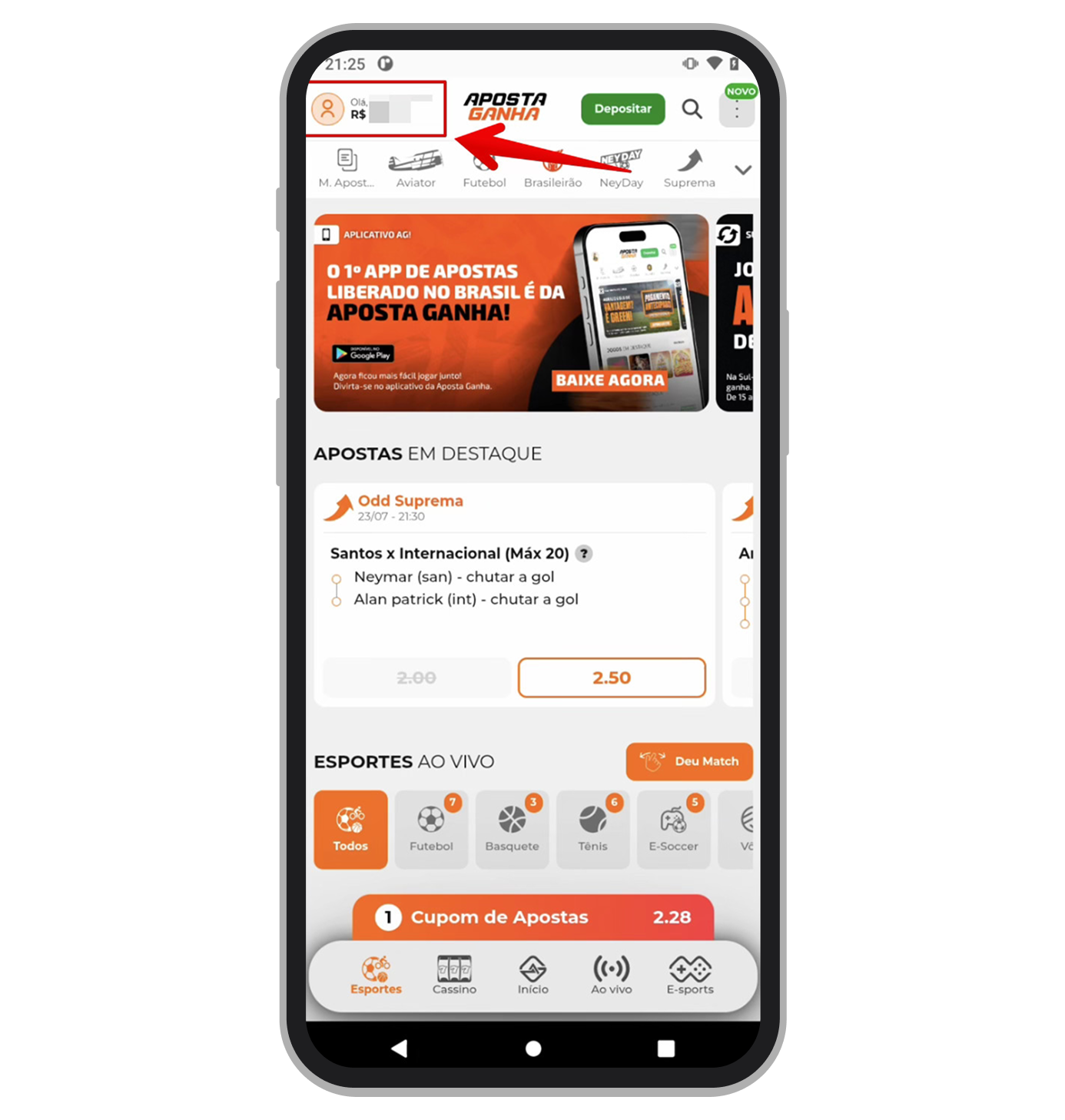 Acesse o menu da conta 