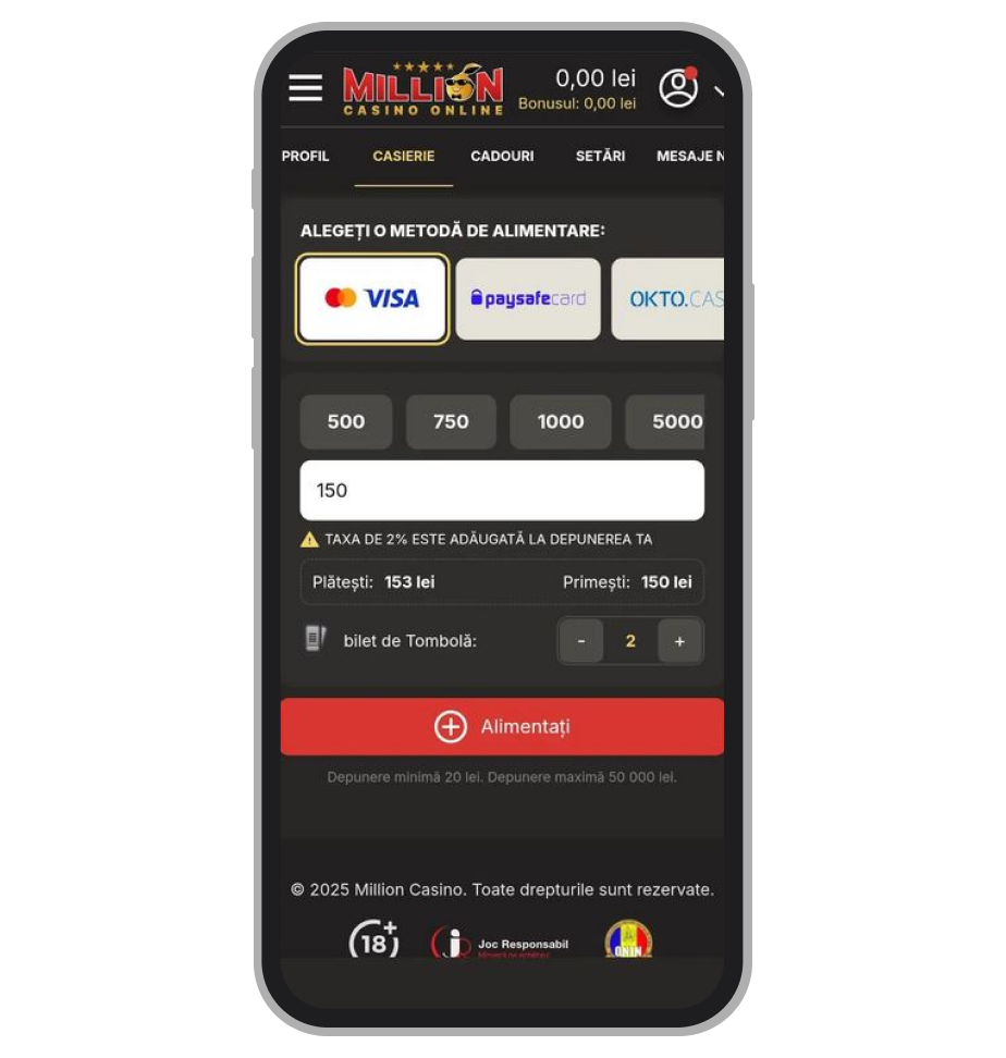 Opțiuni de depunere Million Casino