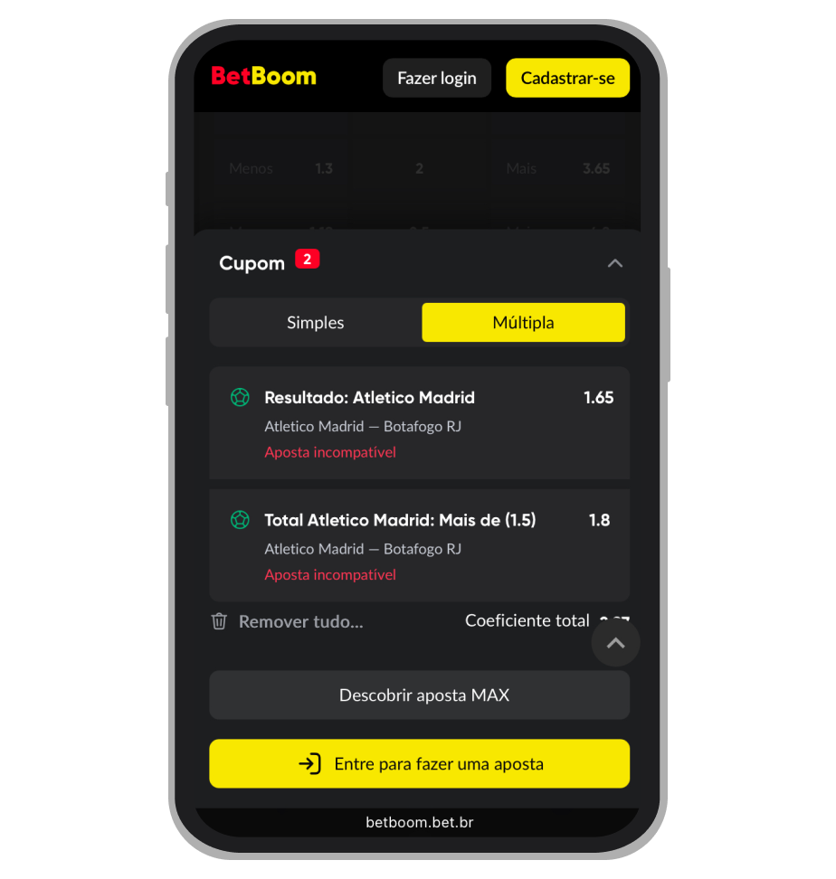 Exemplo de bilhete inválido na BetBoom