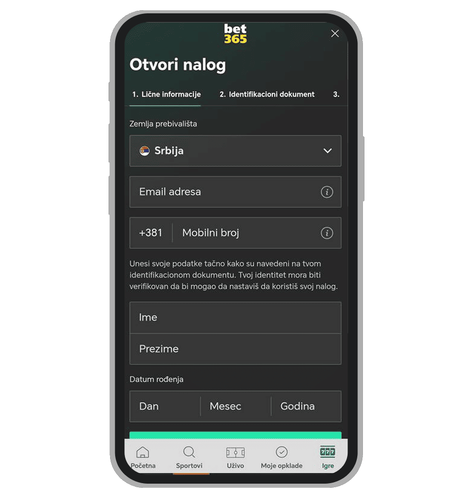 Bet365 formular za registraciju