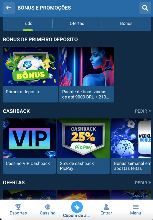 A seção de ofertas promocionais na 1xBet