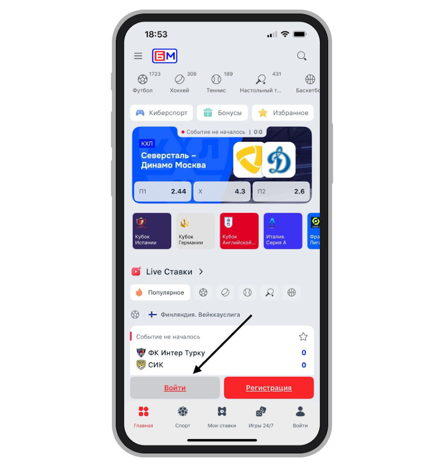 Стартовая страница приложения Bet-M 