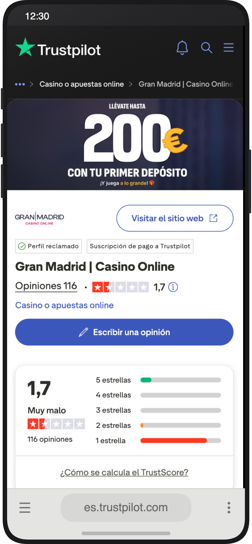 Perfil de Casino Gran Madrid Online en Trustpilot con puntuación de 1,7 sobre 5 y 116 opiniones
