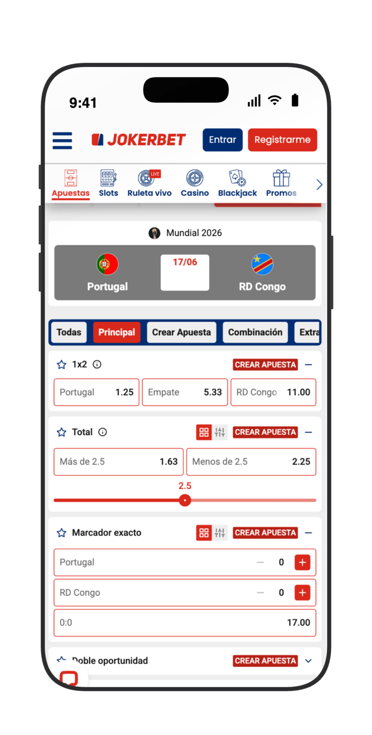 Mercados de Portugal vs RD Congo en JOKERBET: 1X2 (Portugal 1.25, Empate 5.33, RD Congo 11.00), más/menos de 2.5 goles y marcador exacto
