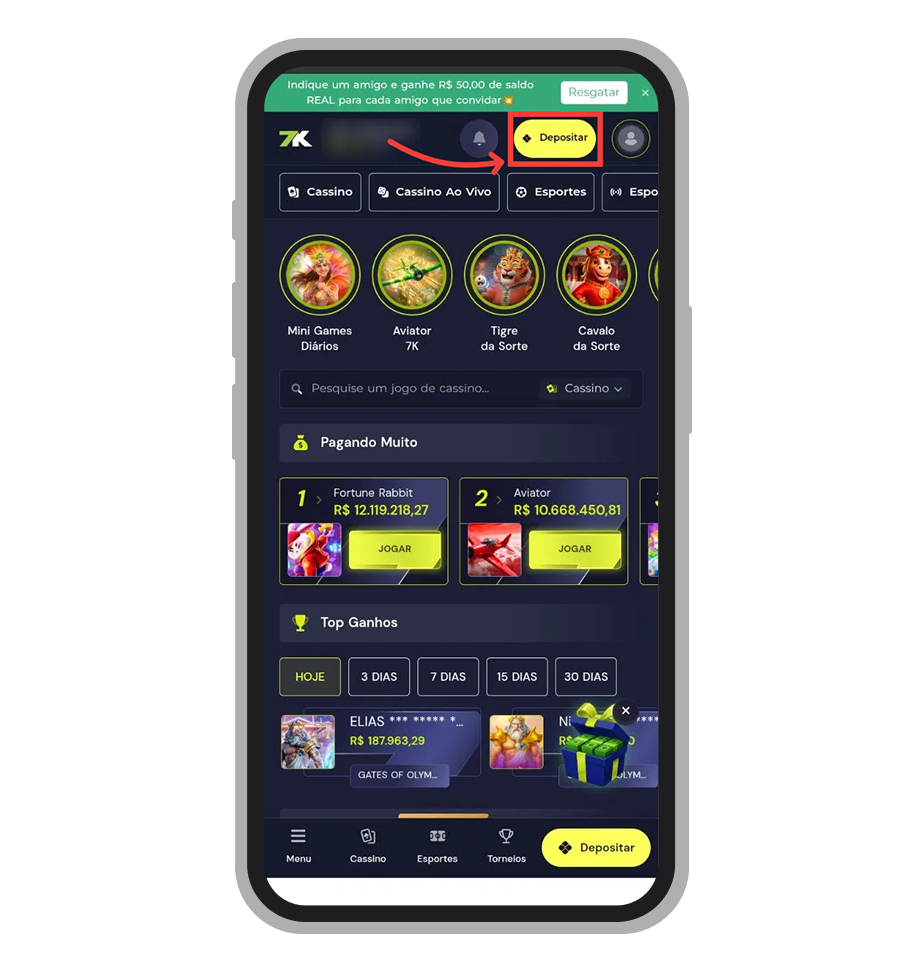 Toque no botão “Depositar” na tela inicial do aplicativo Bet7K