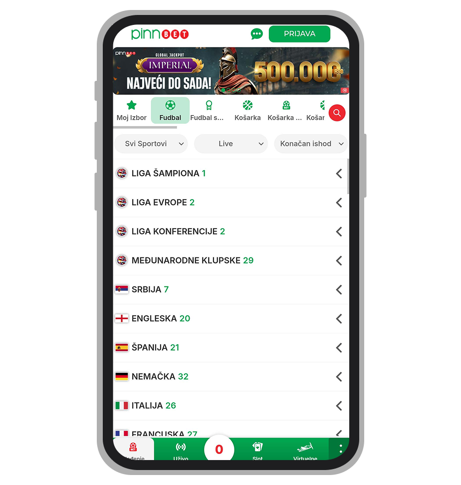 PinnBet početna stranica na mobilnom telefonu