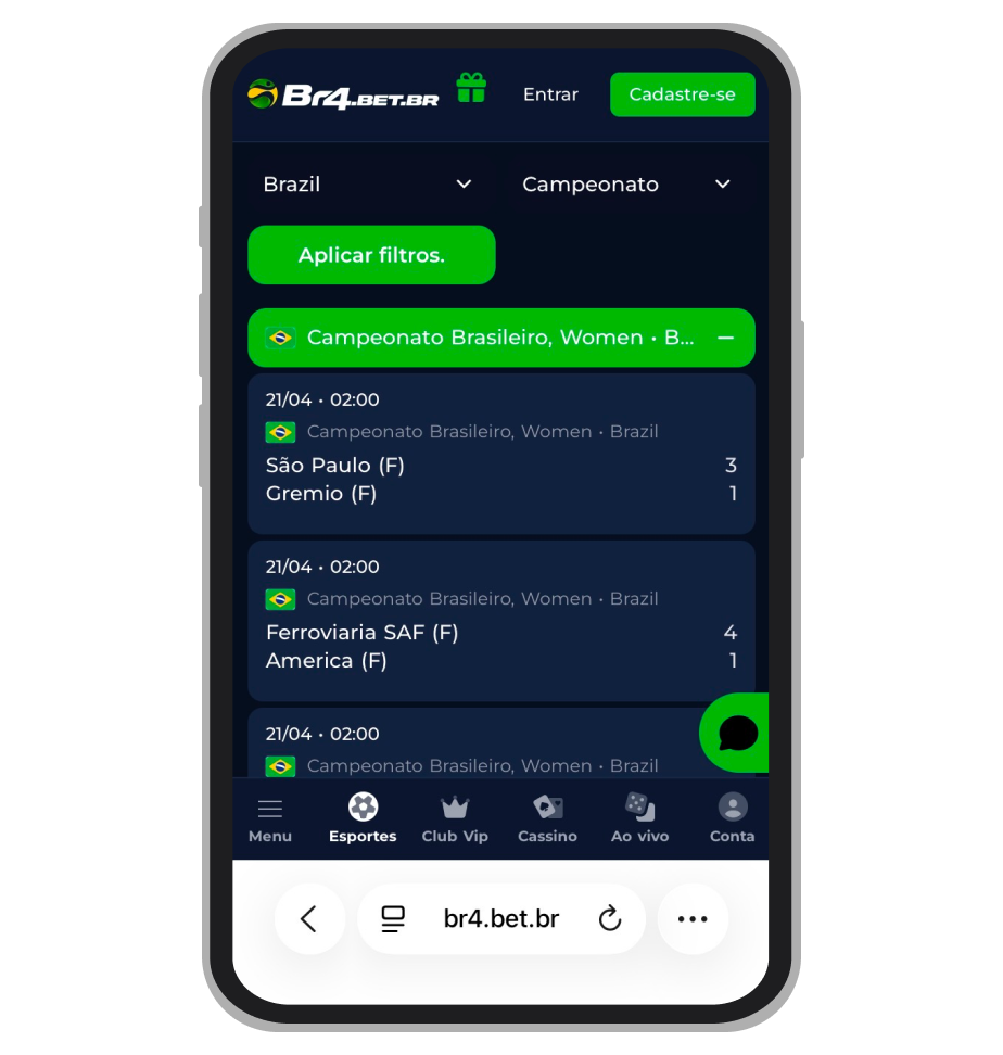Interface da página de resultados na BR4Bet