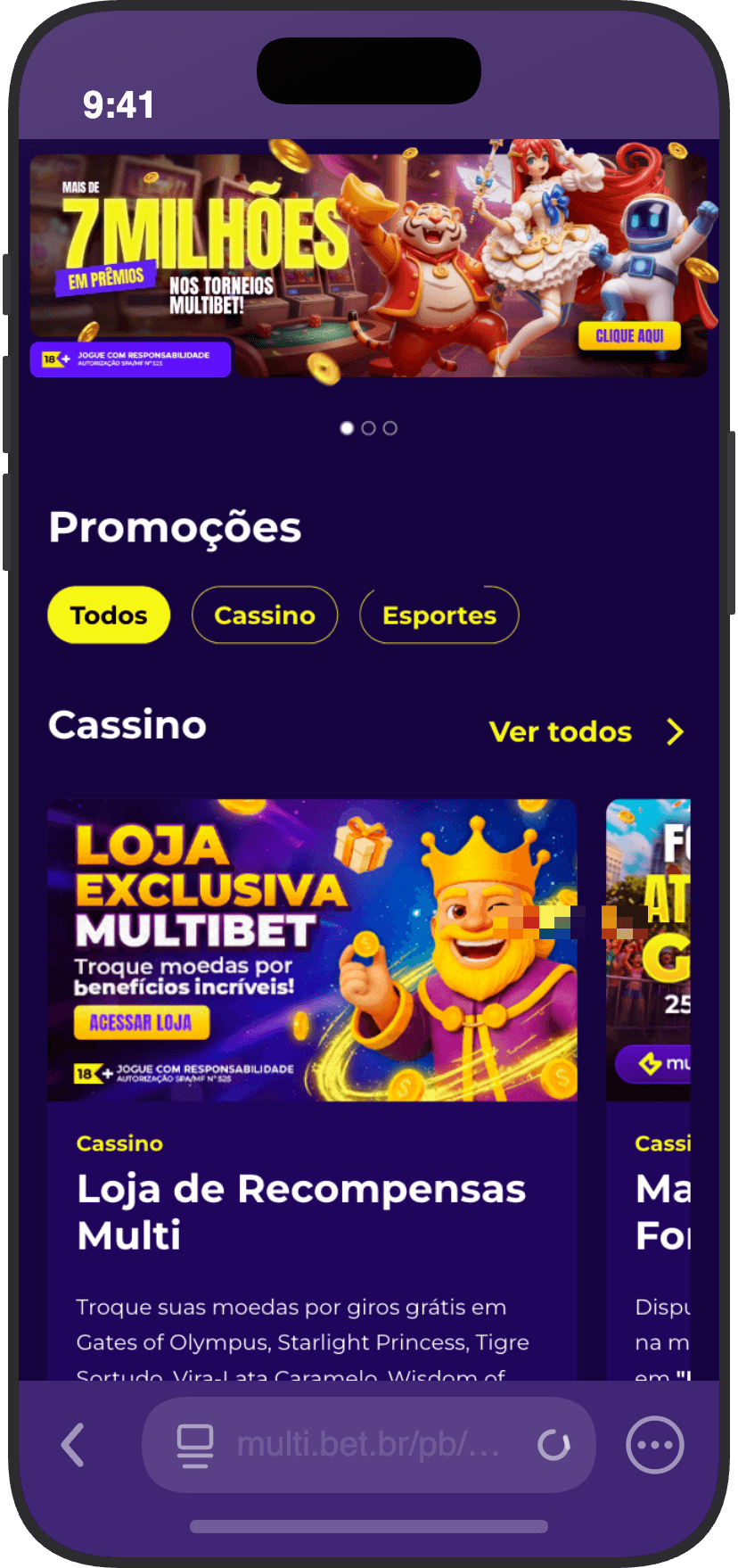 Página de promoções da Multibet com filtros Cassino e Esportes e Loja de Recompensas