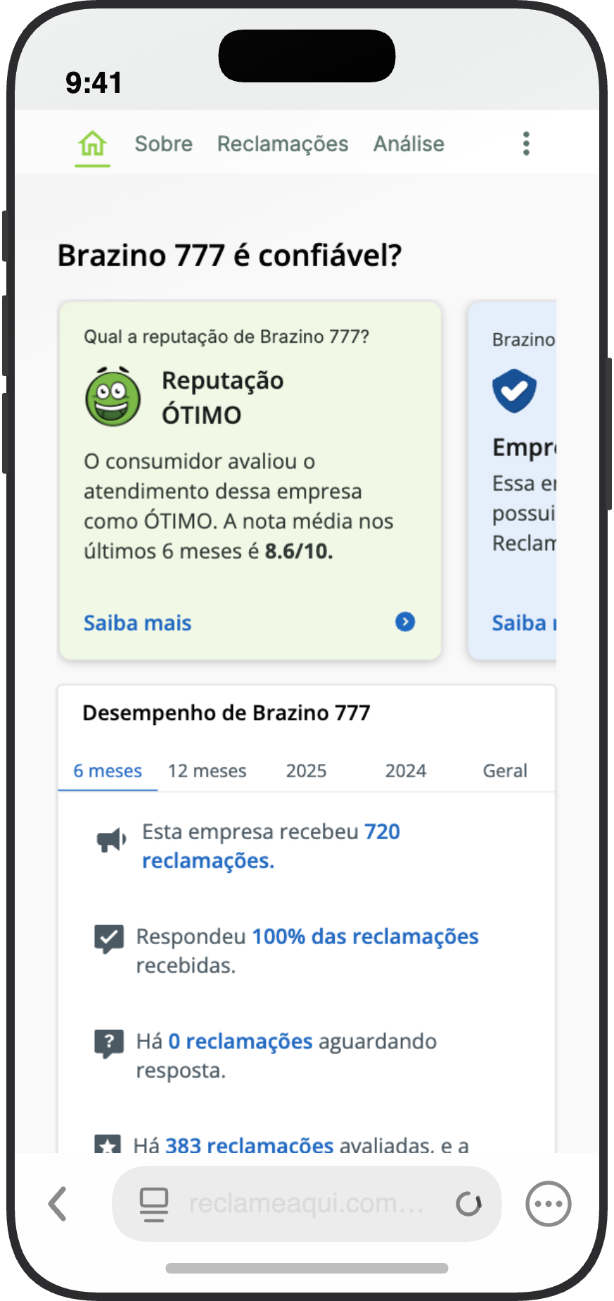 Página do Reclame Aqui da Brazino777 com nota e estatísticas de atendimento