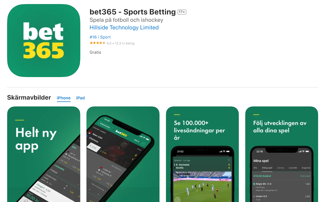 Bet365-sida för iOS