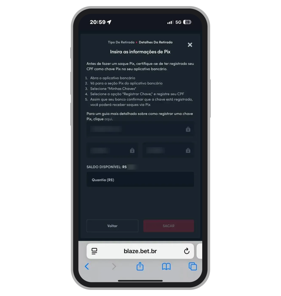 Selecione sua chave Pix, digite o valor da retirada e clique no botão "Sacar" 