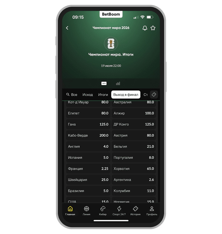 Линия на выход в полуфинал в BetBoom