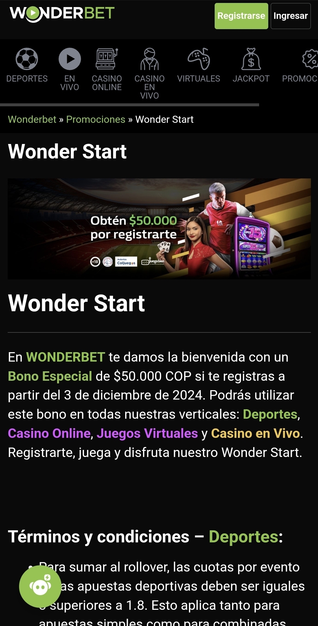 Bono de bienvenida, Wonderbet móvil