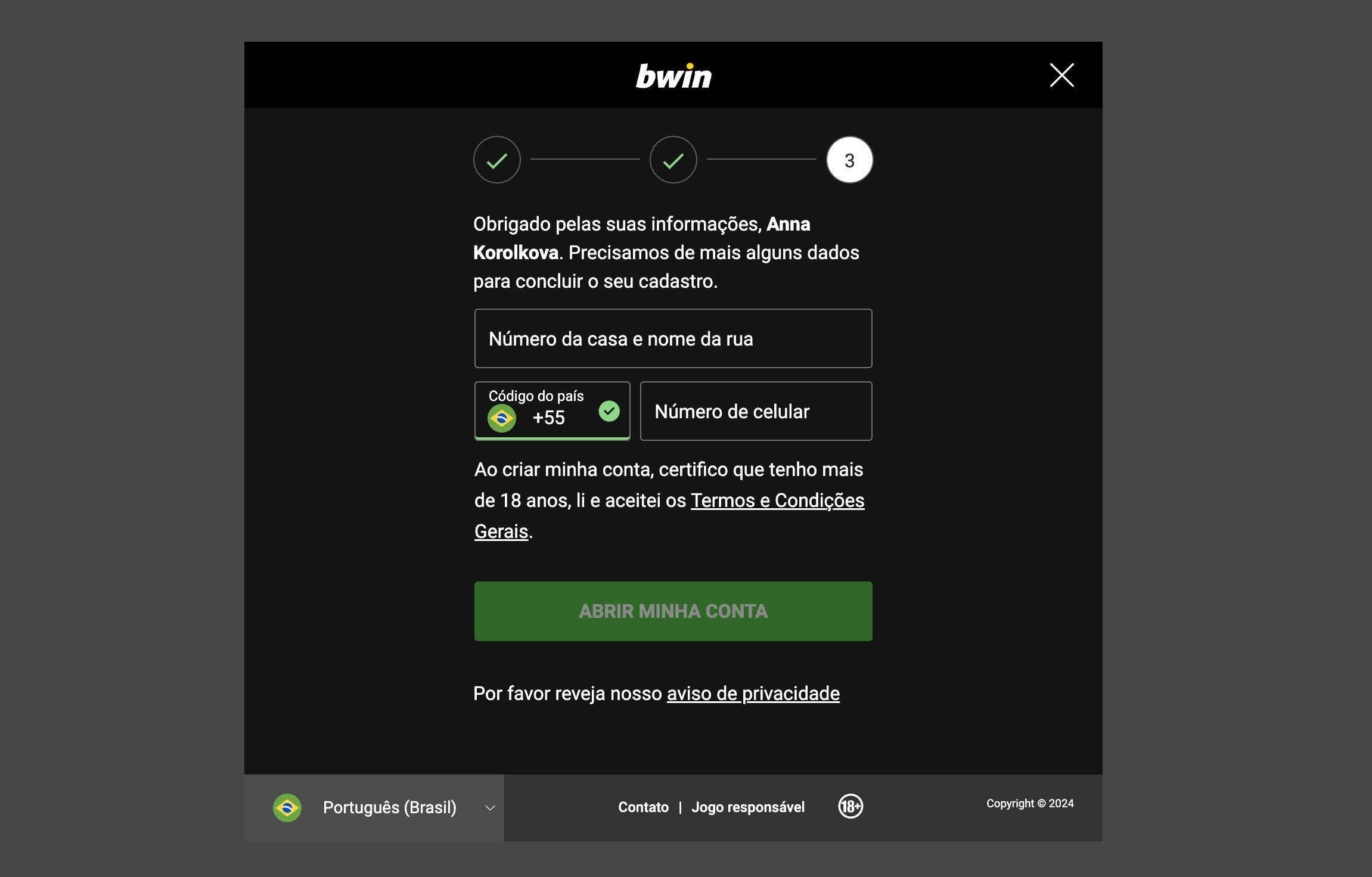 Informe os seus contatos e finalize o cadastro