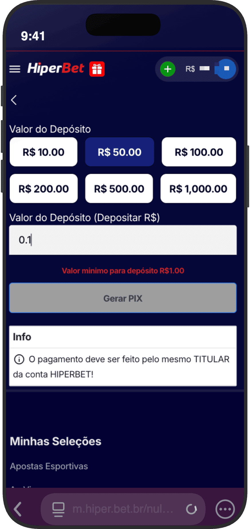 Tela de depósito via Pix da HiperBet com valores sugeridos e campo para inserir valor personalizado