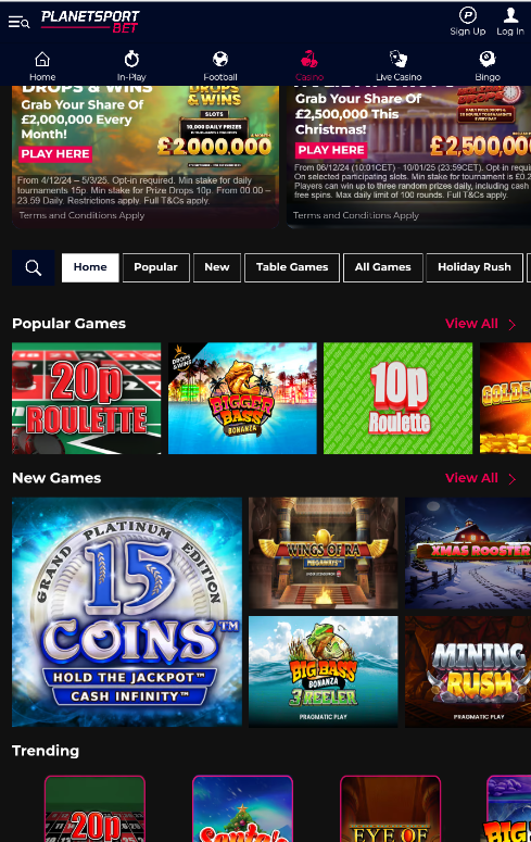 Home page of Planetsport Bet Casino