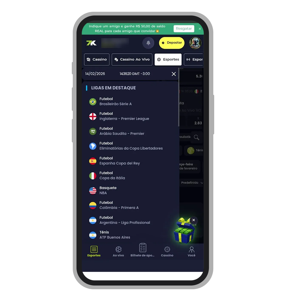 Modalidades esportivas disponíveis da 7K.bet app 