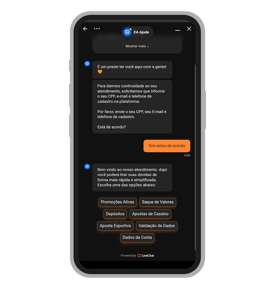 Chat de atendimento ao cliente da Esportiva.bet em funcionamento