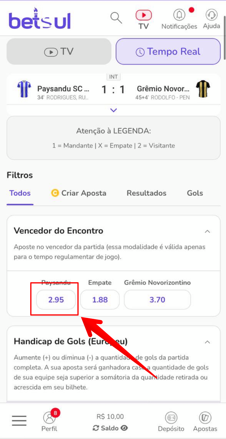 Escolhe um resultado para aposta simples da Betsul