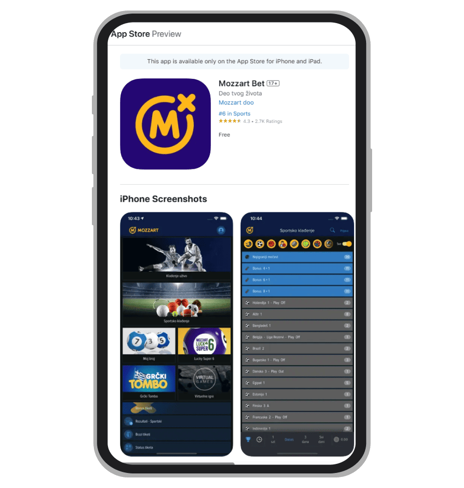 Mozzart Bet iOS aplikacija na App Store