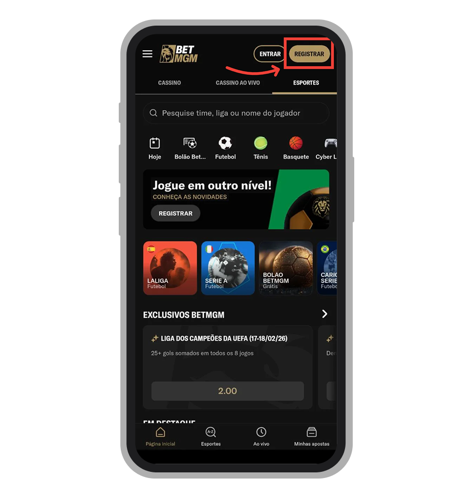 Inicie o processo de cadastro no app da BetMGM