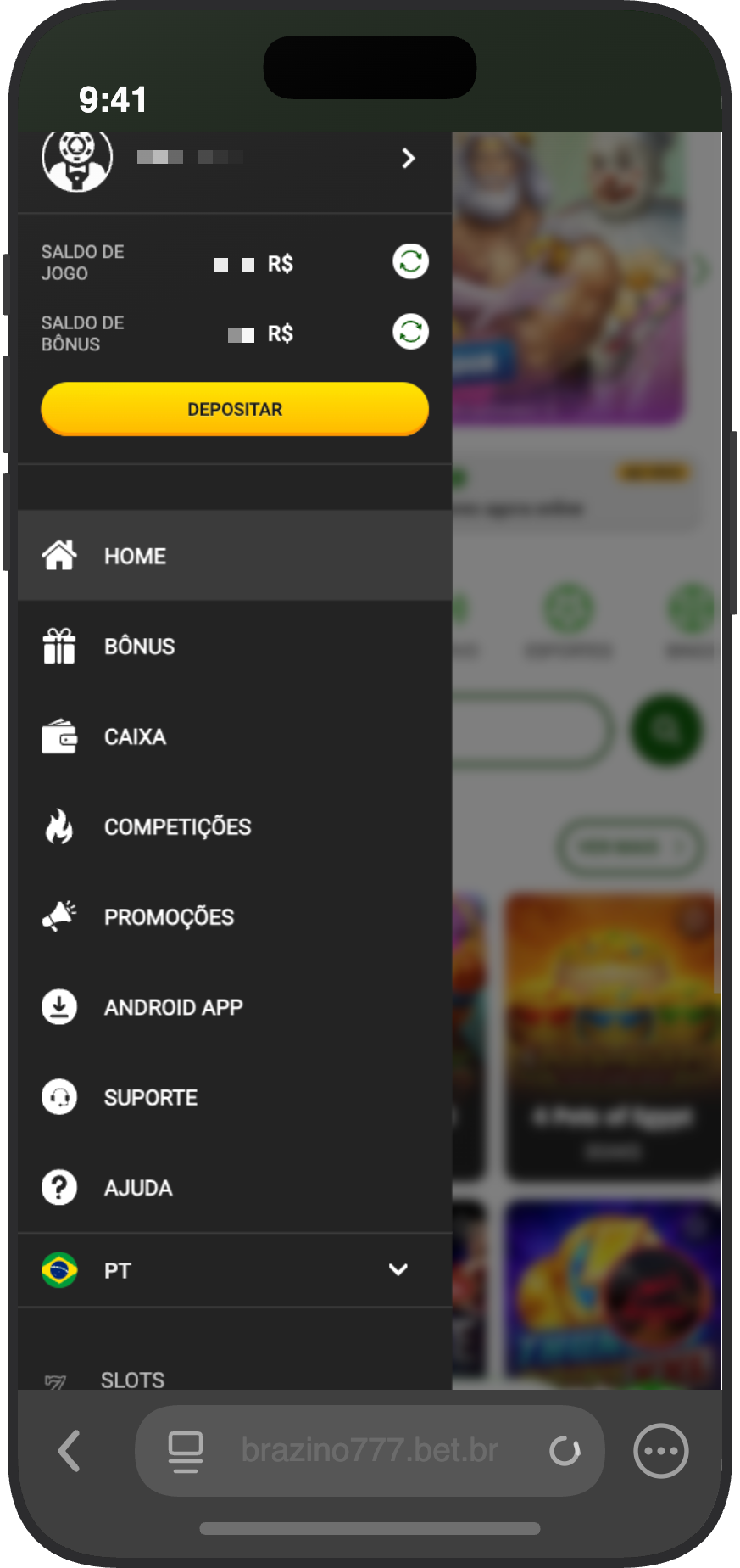 Menu principal do site da Brazino777
