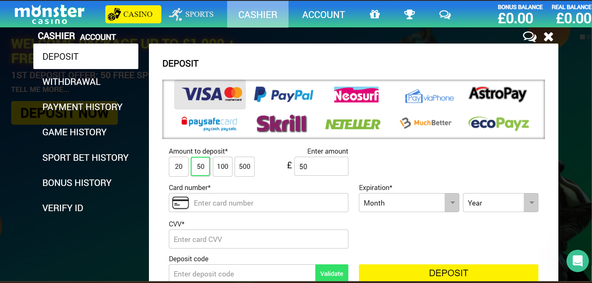 Choose a deposit method and enter your details