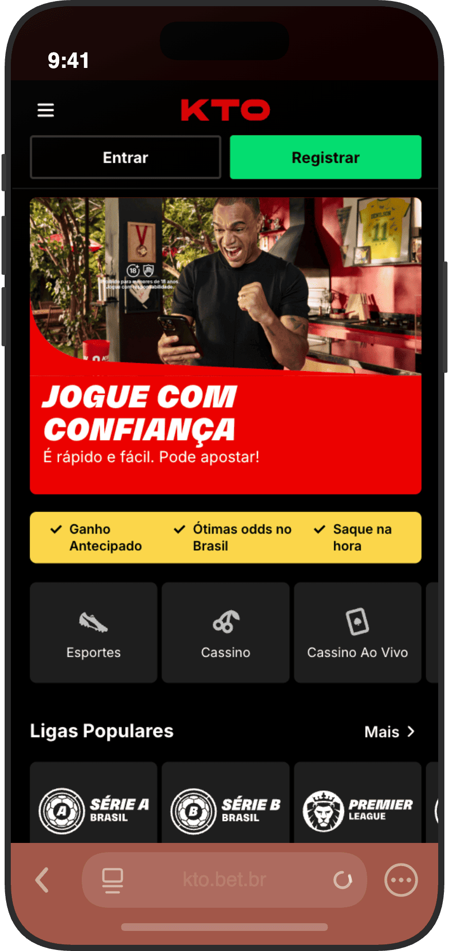 Tela principal do KTO com banner promocional, botões de Esportes, Cassino e Cassino Ao Vivo e ligas populares
