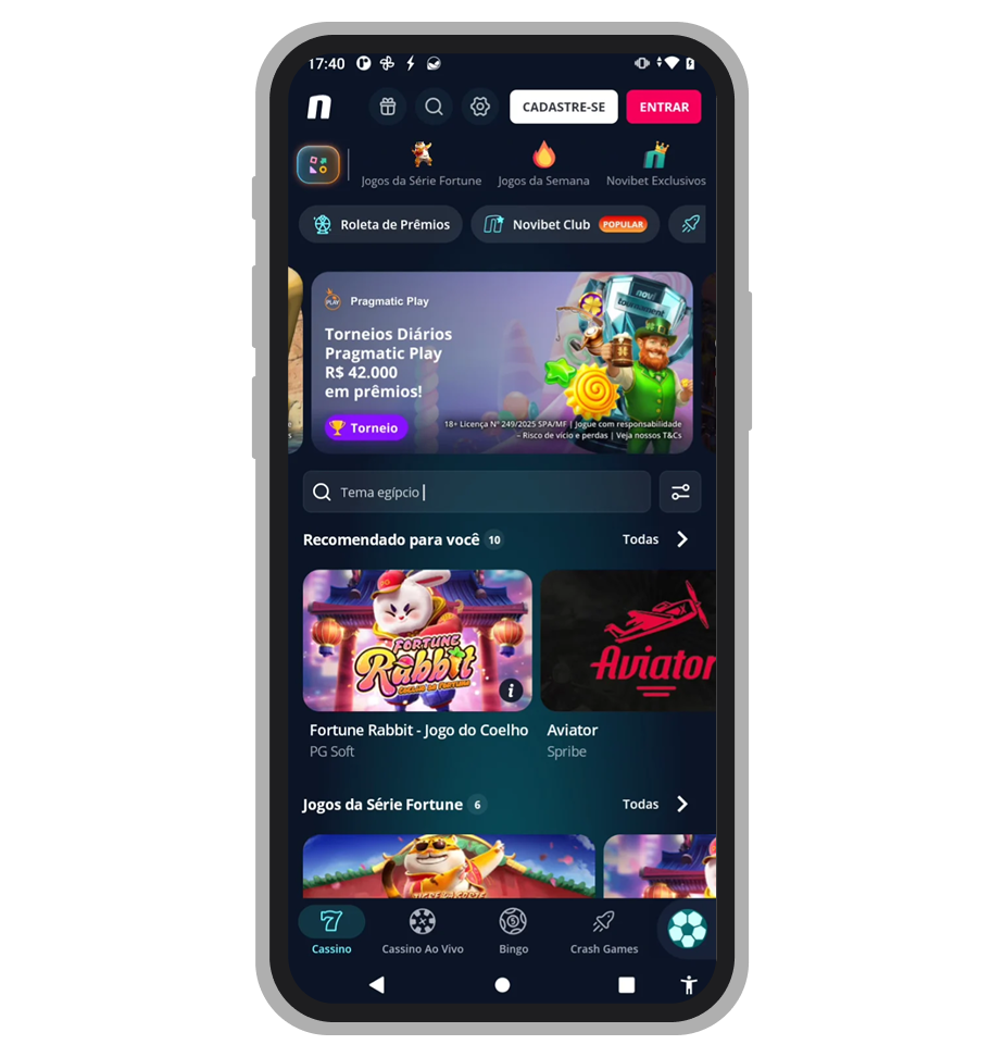 Seção de cassino no app Novibet com categorias de slots e cassino ao vivo