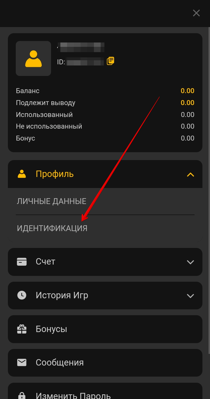 Ссылка на раздел «Идентификация» в персональном меню игрока