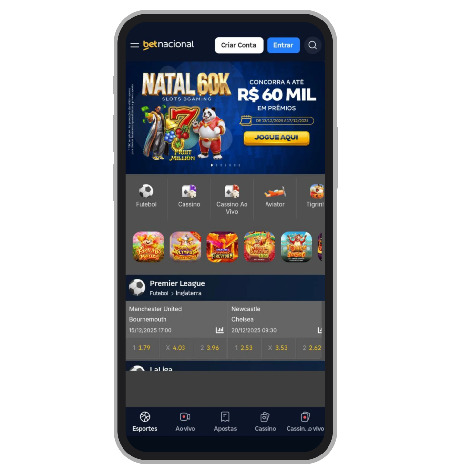 Tela inicial do app da Betnacional