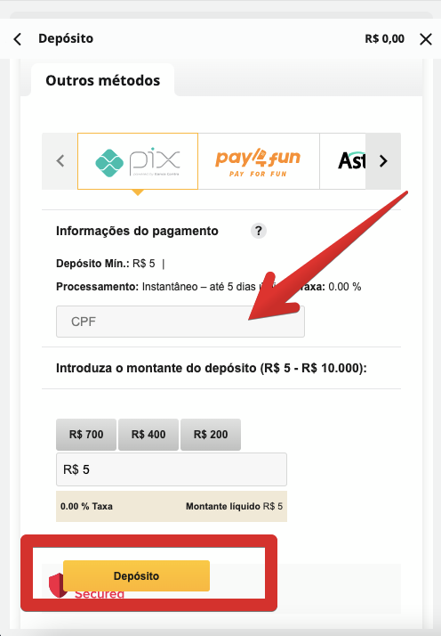 Digite o montante e insira seu número de CPF