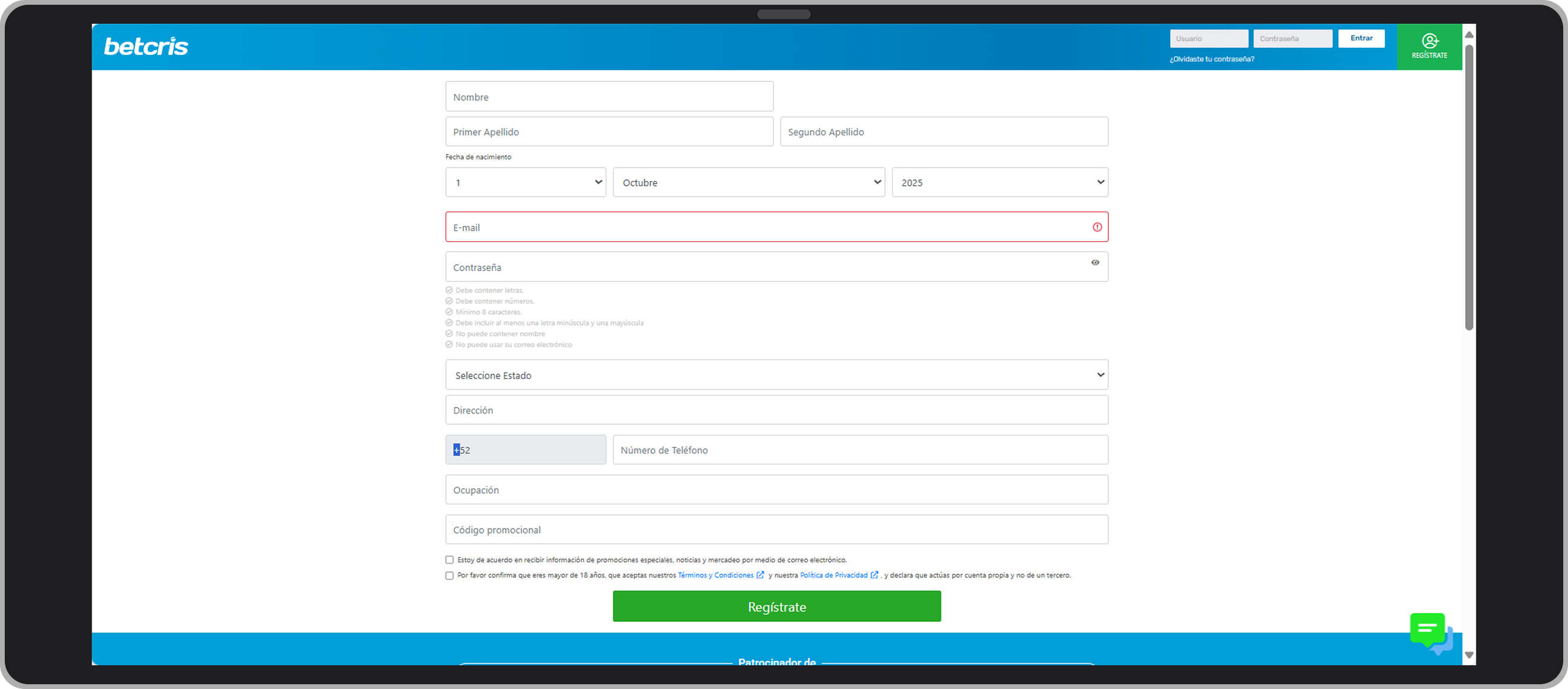 Formulario de registro. Betcris