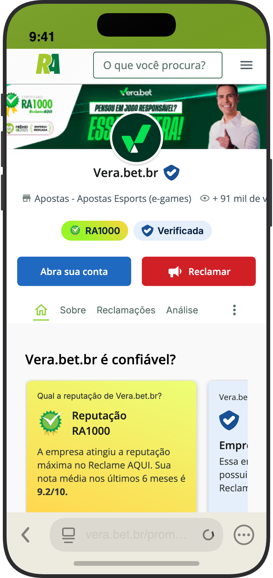 Página da Vera.bet no Reclame Aqui com selo RA1000, reputação verificada e nota 9,2 de 10