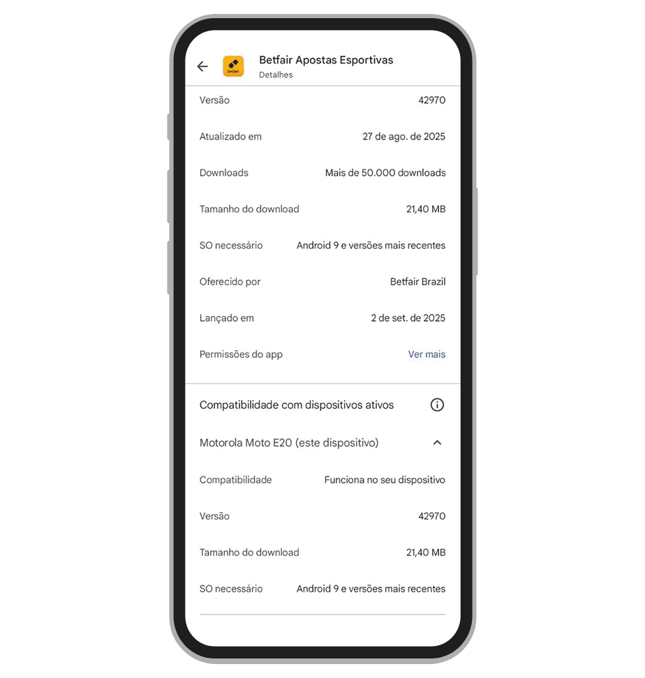 A descrição do app da Betfair na Google Play