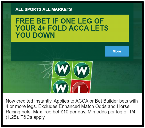 At Paddy Power your first qualifying bet of £10 each day is refunded as a Free bet should one leg lose.