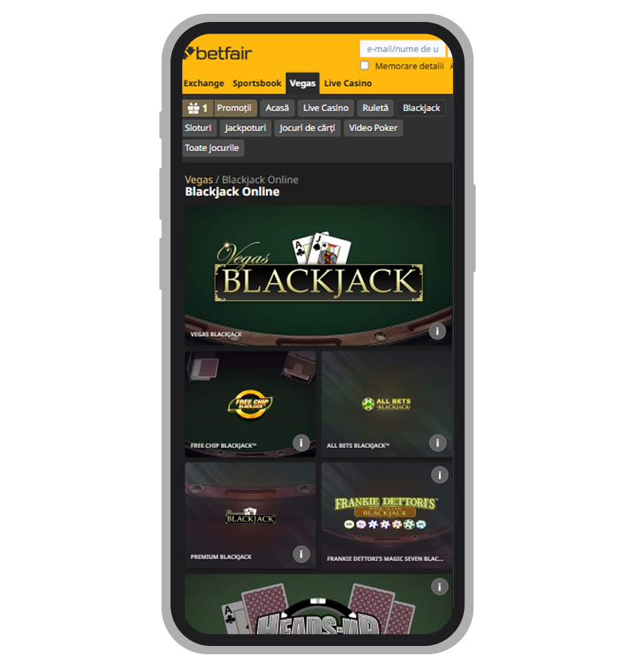 Blackjack cu RNG la Betfair