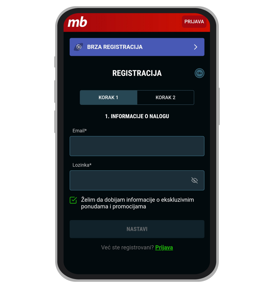 Stranica za registraciju na MeridianBet
