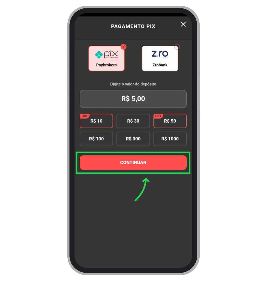 Janela de pagamento Pix com seleção de provedor (Paybrokers ou Zrobank) e campo para definir o valor do depósito