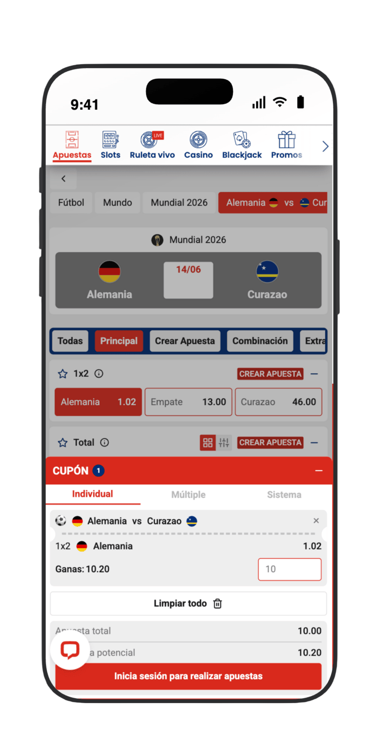 Introduce el importe y confirma tu apuesta en el cupón de JOKERBET para Alemania vs Curazao