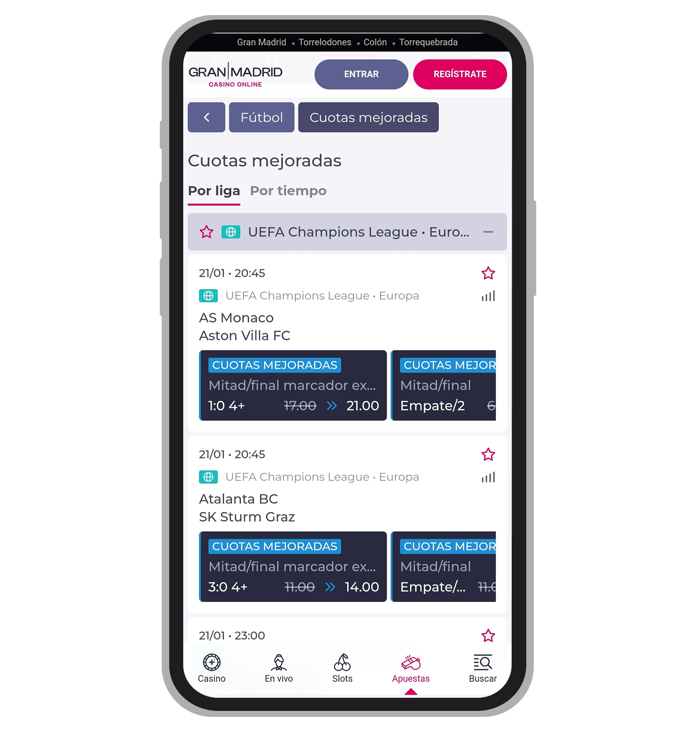 Apuestas de futbol con cuotas mejoradas en Gran Madrid | Casino Online.