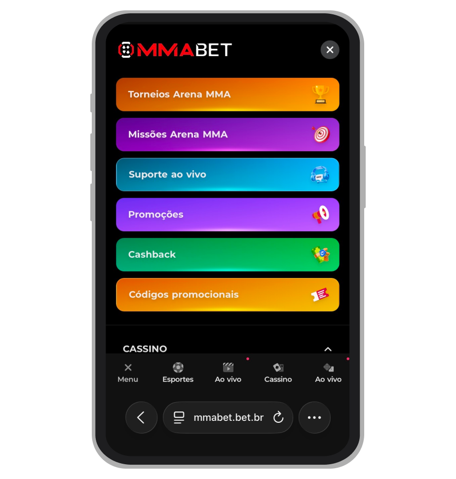 Menu do site da MMABet